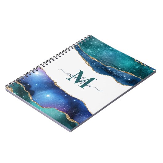 Eleganter Blue Geode Agate Mit Monogramm Gold Glit Notizblock (Linke Seite)