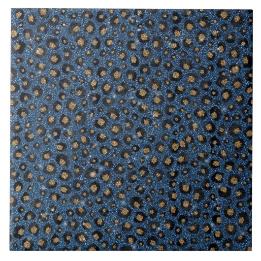 Eleganter Blue Glitzer Black Gold Leopard Print Fliese (Vorderseite)