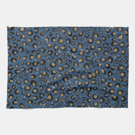 Eleganter Blue Glitzer Black Gold Leopard Print Geschirrtuch (Horizontal)