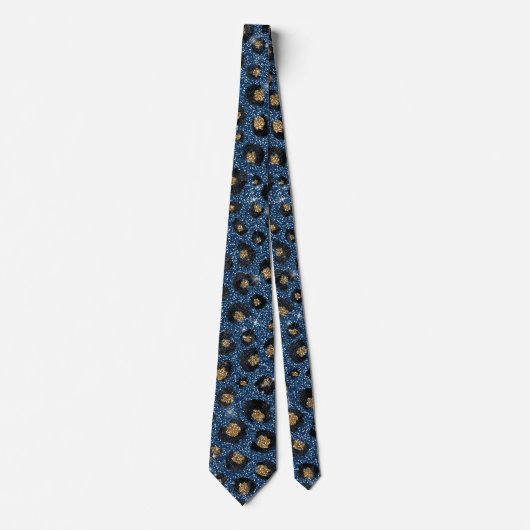Eleganter Blue Glitzer Black Gold Leopard Print Krawatte (Vorderseite)