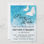 Eleganter Blue Glitzer Butterfly Save the Date (Vorderseite)