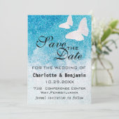 Eleganter Blue Glitzer Butterfly Save the Date (Stehend Vorderseite)