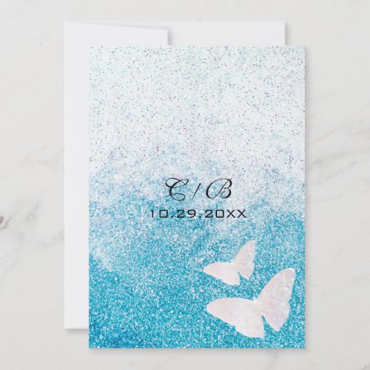 Eleganter Blue Glitzer Butterfly Save the Date (Rückseite)