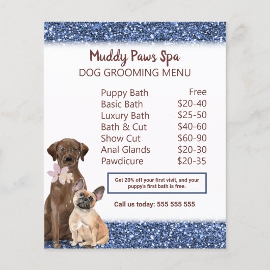 Eleganter Blue Glitzer Dog Grooming Menu Flyer (Vorne)