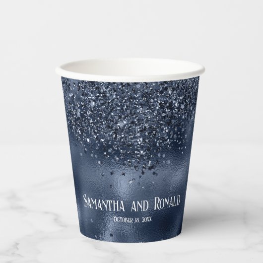 Eleganter Blue Glitzer & Foil Wedding Paper Cups Pappbecher (Vorderseite)