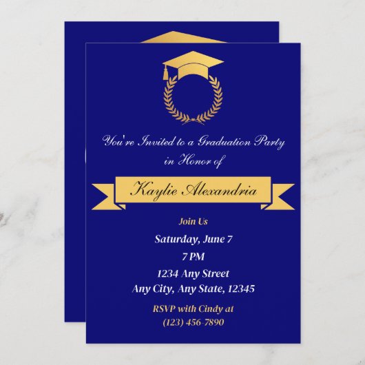 Eleganter Blue & Gold Abschluss Einladung (Vorne/Hinten)