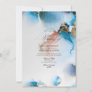 Eleganter Blue & Gold Alkohol Tinte mit Blush Acce Einladung