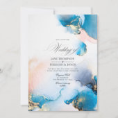 Eleganter Blue & Gold Alkohol Tinte mit Blush Acce Einladung (Vorderseite)
