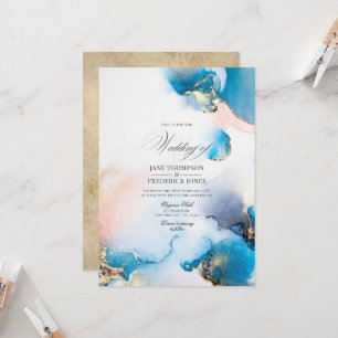 Eleganter Blue & Gold Alkohol Tinte mit Blush Acce Einladung