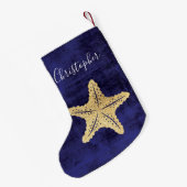 Eleganter Blue Gold Beach Sea Star Mit Monogramm Kleiner Weihnachtsstrumpf (Rückseite (Hängend))