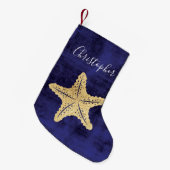 Eleganter Blue Gold Beach Sea Star Mit Monogramm Kleiner Weihnachtsstrumpf (Vorderansicht (hängend))