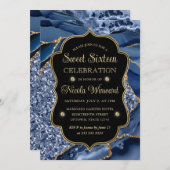 Eleganter Blue & Gold Glitzer Agate 16 . Geburtsta Einladung (Vorne/Hinten)