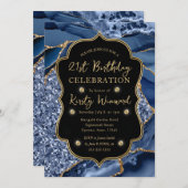 Eleganter Blue & Gold Glitzer Agate 21. Geburtstag Einladung (Vorne/Hinten)