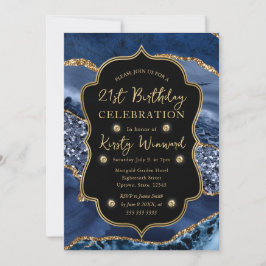 Eleganter Blue & Gold Glitzer Agate 21. Geburtstag Einladung