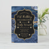 Eleganter Blue & Gold Glitzer Agate 21. Geburtstag Einladung (Stehend Vorderseite)