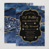 Eleganter Blue & Gold Glitzer Agate 21. Geburtstag Einladung (Vorne/Hinten)