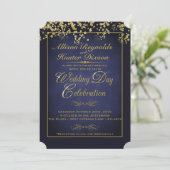 Eleganter Blue & Gold Glitzer Hochzeit Einladungen (Stehend Vorderseite)