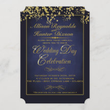 Eleganter Blue & Gold Glitzer Hochzeit Einladungen