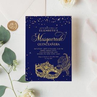 Eleganter Blue Gold Glitzer Masquerade Quinceañera Einladung