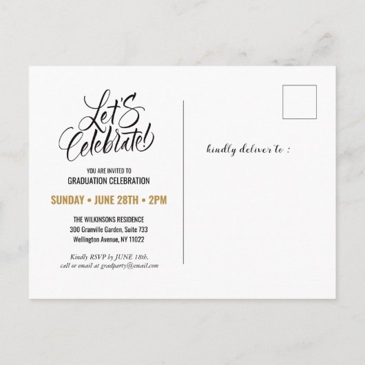 Eleganter Blue Gold Glitzer Script Foto Abschluss Einladungspostkarte (Rückseite)