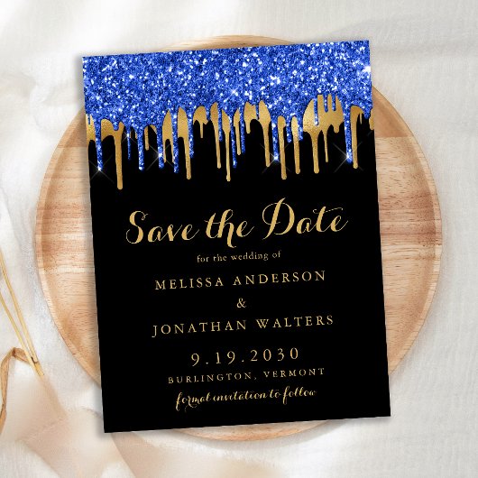 Eleganter Blue Gold Glitzer Tropfen Save the Date Ankündigungspostkarte