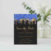 Eleganter Blue Gold Glitzer Tropfen Save the Date Ankündigungspostkarte (Stehend Vorderseite)