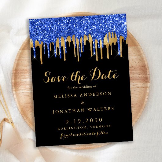 Eleganter Blue Gold Glitzer Tropfen Save the Date Postkarte