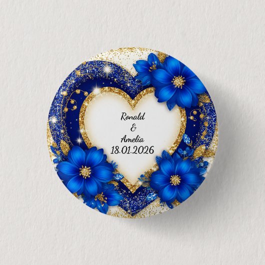 Eleganter Blue-Gold-Heart-Rahmen Button (Vorderseite)
