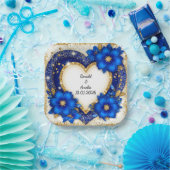 Eleganter Blue-Gold-Heart-Rahmen Pappteller (Party)
