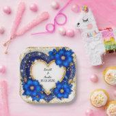 Eleganter Blue-Gold-Heart-Rahmen Pappteller (Party)