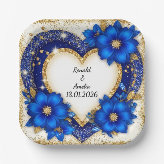 Eleganter Blue-Gold-Heart-Rahmen Pappteller (Vorderseite)