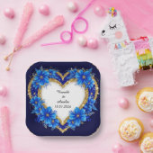 Eleganter Blue-Gold-Heart-Rahmen Pappteller (Party)