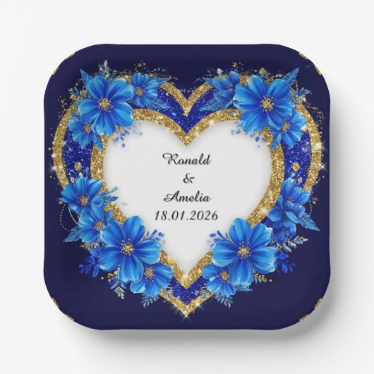 Eleganter Blue-Gold-Heart-Rahmen Pappteller (Vorderseite)