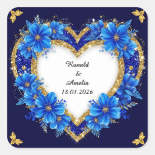 Eleganter Blue-Gold-Heart-Rahmen Quadratischer Aufkleber