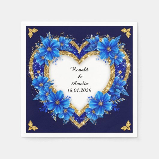 Eleganter Blue-Gold-Heart-Rahmen Serviette (Vorderseite)
