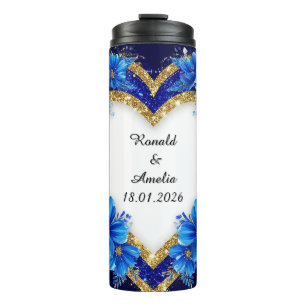 Eleganter Blue-Gold-Heart-Rahmen Thermosbecher