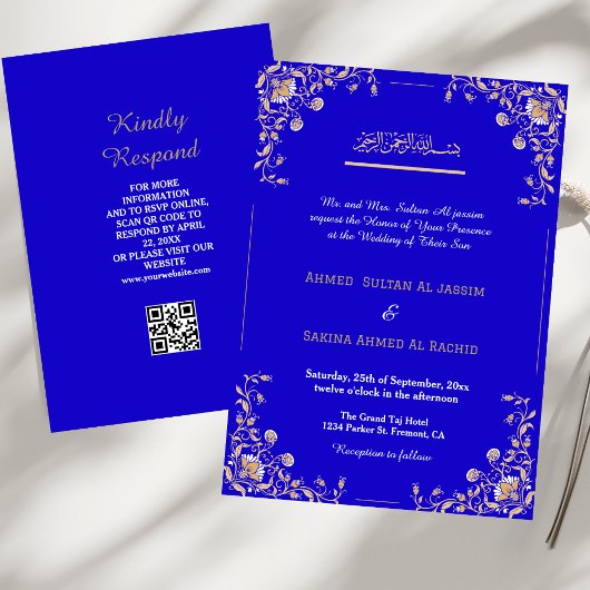 Eleganter Blue Gold Islamic Wedding qr Code Einladung