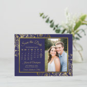 Eleganter Blue & Gold Kalender & Foto Hochzeit Save The Date (Stehend Vorderseite)