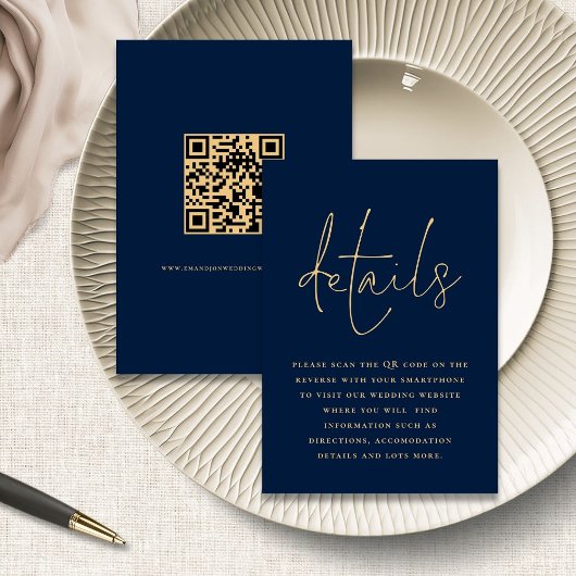 Eleganter Blue Gold QR Code Hochzeitdetails Begleitkarte