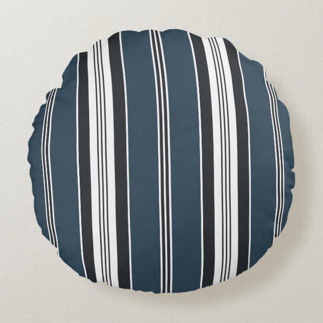 Eleganter Blue Gray French Ticking Stripe Rundes Kissen (Vorderseite)