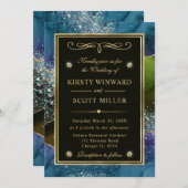 Eleganter Blue, Green und Gold Glitzer Agate Weddi Einladung (Vorne/Hinten)