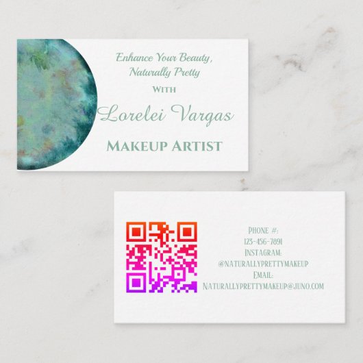 Eleganter Blue Green Watercolor Makeup Artist Visitenkarte (Vorne/Hinten)