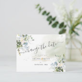 Eleganter Blue Gum Foliage ändert das Datum Postkarte (Stehend Vorderseite)