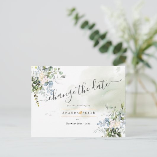 Eleganter Blue Gum Foliage ändert das Datum Postkarte (Stehend Vorderseite)