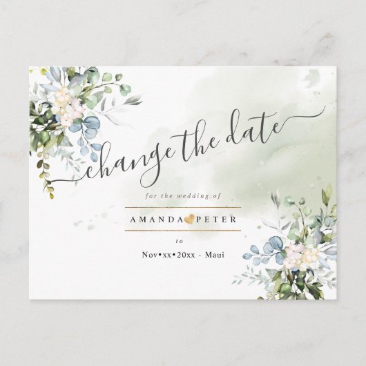 Eleganter Blue Gum Foliage ändert das Datum Postkarte (Vorderseite)