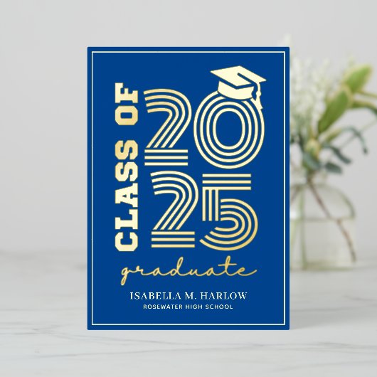 Eleganter Blue High School Abschluss Gold Folieneinladung (Stehend vorne)