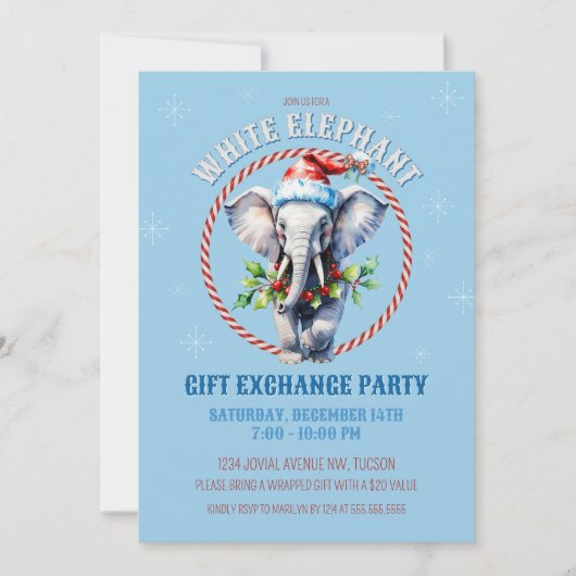 Eleganter Blue Holiday White Elephant Gift Exchang Einladung (Vorderseite)