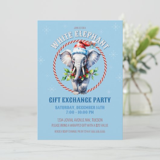 Eleganter Blue Holiday White Elephant Gift Exchang Einladung (Stehend Vorderseite)