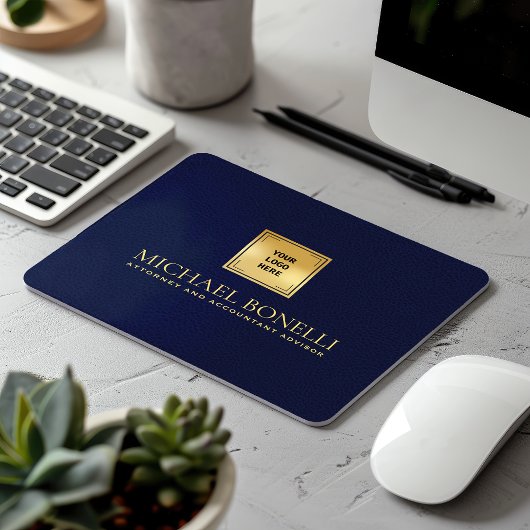 Eleganter Blue Leather Luxury Gold Logo NAME Mousepad