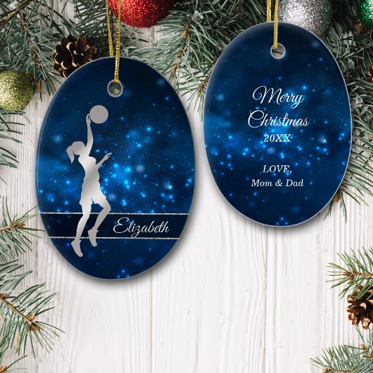 Eleganter Blue Lights Glitzer Basketball Player Keramik Ornament